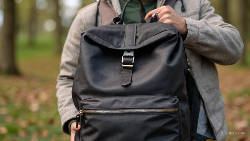 Een persoon houdt een rugzak stevig vast met aangespannen banden.