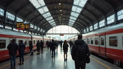 Een breed beeld van een druk treinstation met passagiers die informatieborden controleren.
