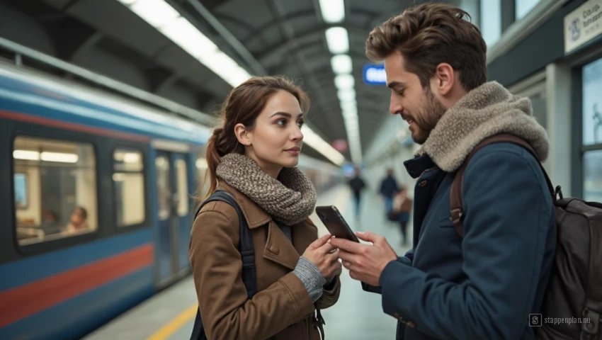 Twee personen communiceren via smartphone terwijl ze wachten op de trein.