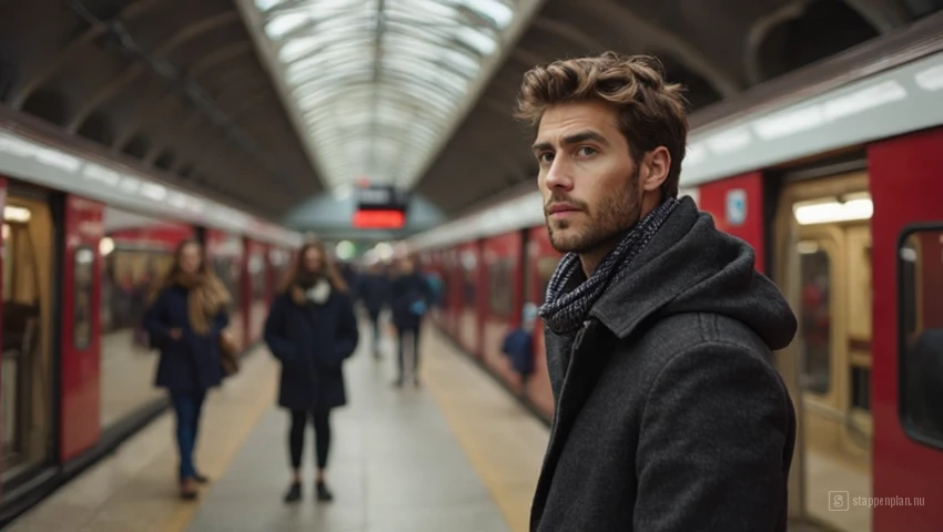 Een persoon kijkt voorzichtig rond op een treinstation.