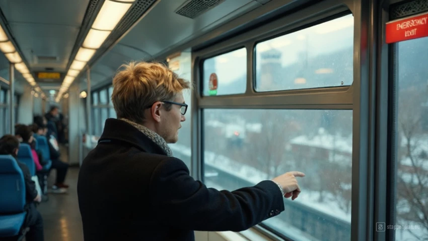 Een passagier wijst naar een duidelijk gemarkeerde nooduitgang in een trein.