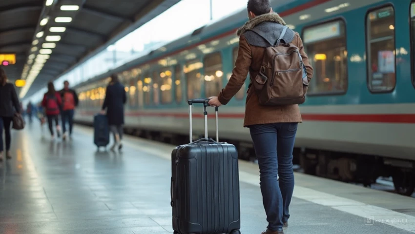 Een persoon draagt zijn bagage voorzichtig tijdens een treinoverstap.