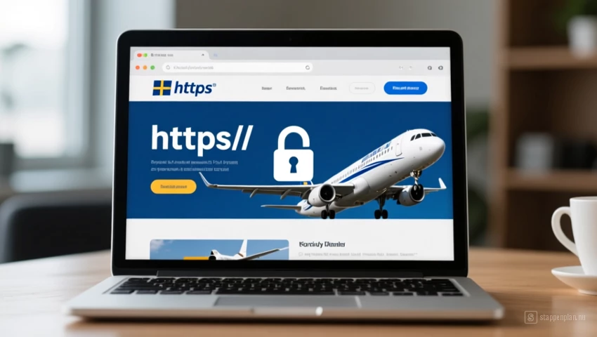 Laptop met beveiligde website van een luchtvaartmaatschappij.