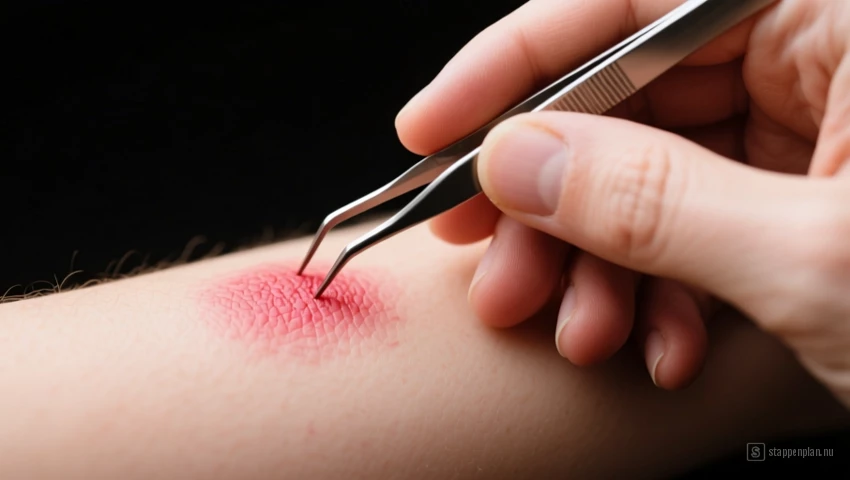 Een hand met een pincet boven een licht rood gebied van de huid.