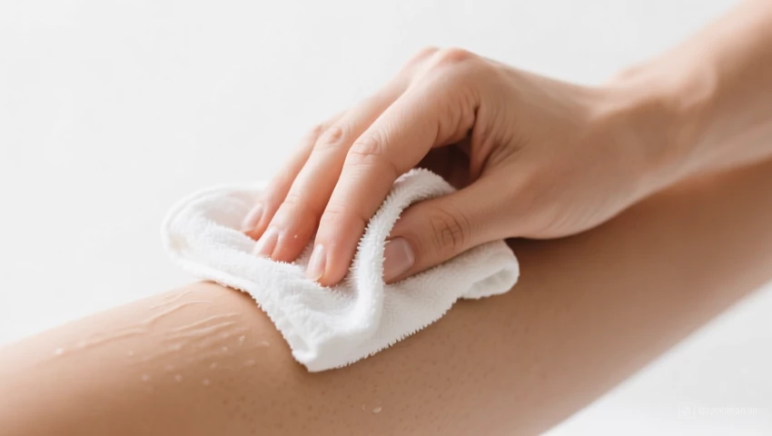 Een schone washand wordt gebruikt om de huid voorzichtig schoon te maken.