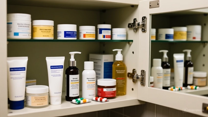 Een medicijnkast met verschillende crèmes en pillen.