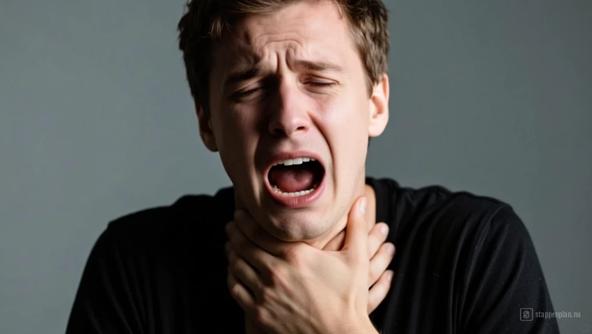 Een persoon die zijn keel vasthoudt en moeite heeft met ademen.