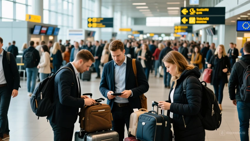 Een drukke luchthavenscene met reizigers die hun bezittingen zorgvuldig in de gaten houden.