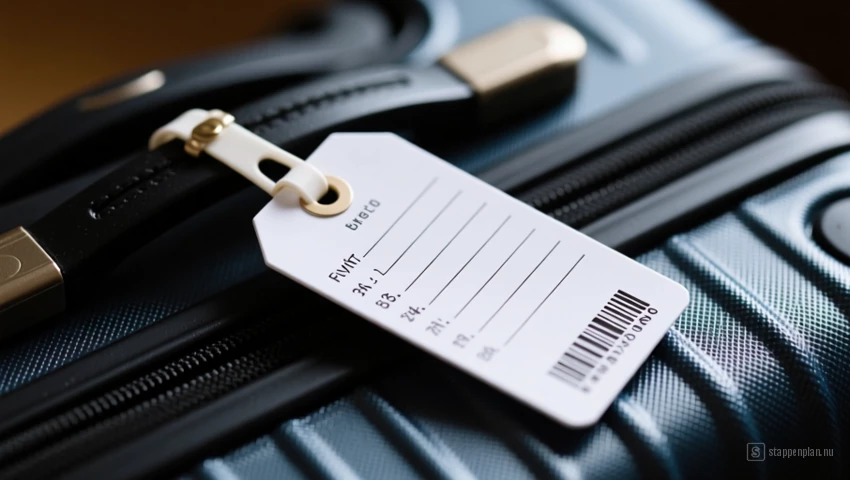 Een ingevuld bagagelabel op een koffer.