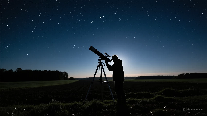 Een silhouet van een persoon die sterren kijkt in een donker landelijk landschap.