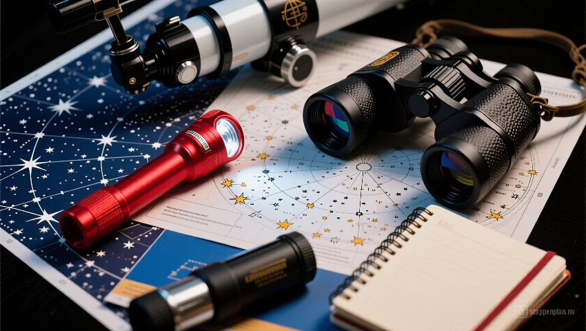 Een verzameling sterrenkijktools: sterrenkaart, rode zaklamp, verrekijker en notitieboek.
