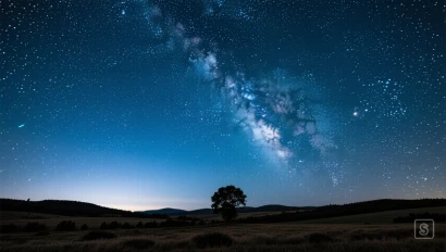 Een lange belichtingsfoto van een sterrenhemel boven een afgelegen landschap.