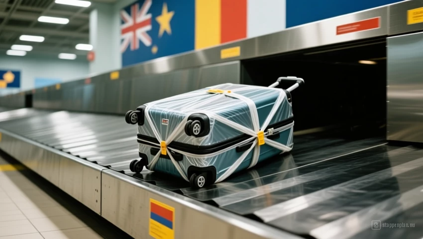 Een koffer die arriveert op de bagageband beschermd door bagagefolie.