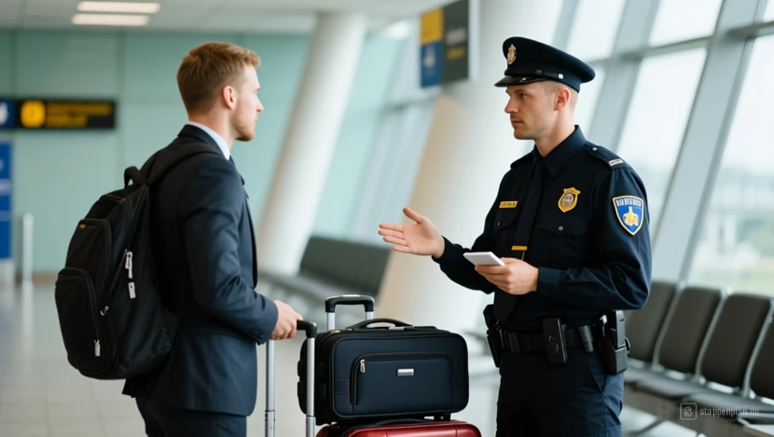 Een beveiligingswachter die een persoon bij de bagage ondervraagt.
