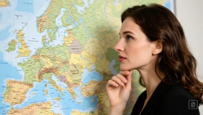 Vrouw die een kaart van Europa bestudeert.