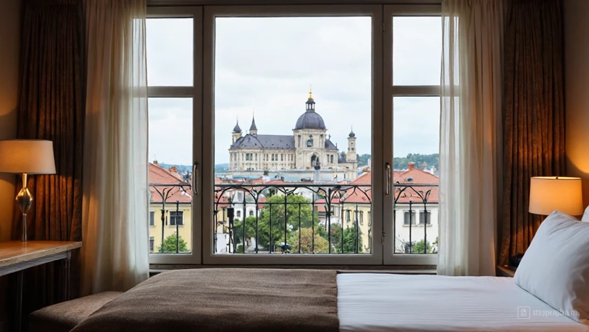 Gezellige hotelkamer met uitzicht op een Europese stad.
