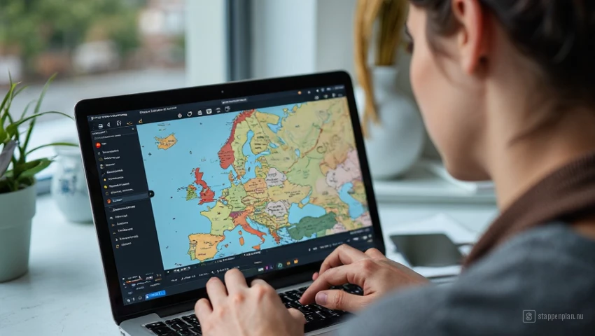 Persoon die een treinroute plant op een Europese kaart.