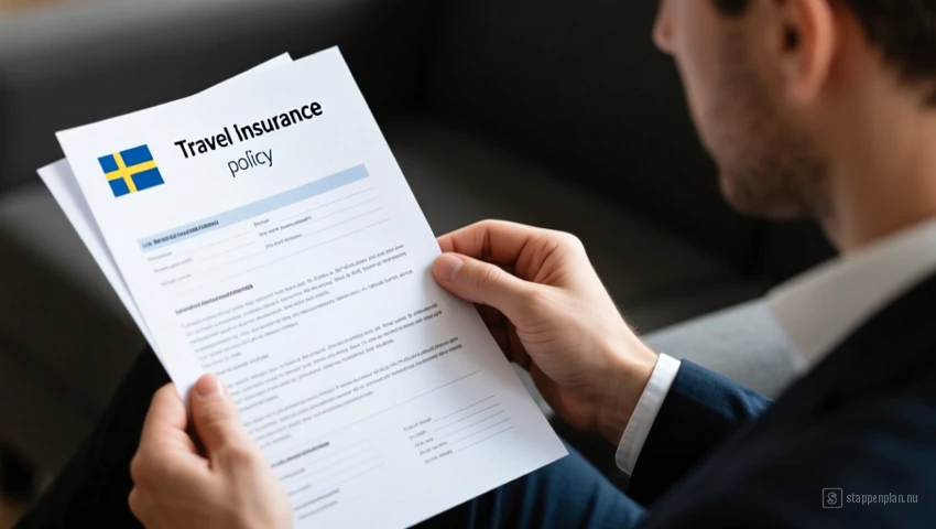 Persoon die reisverzekeringspolicedocumenten leest.