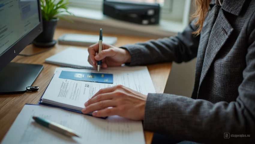 Persoon die paspoort en visumvereisten controleert op een computer.