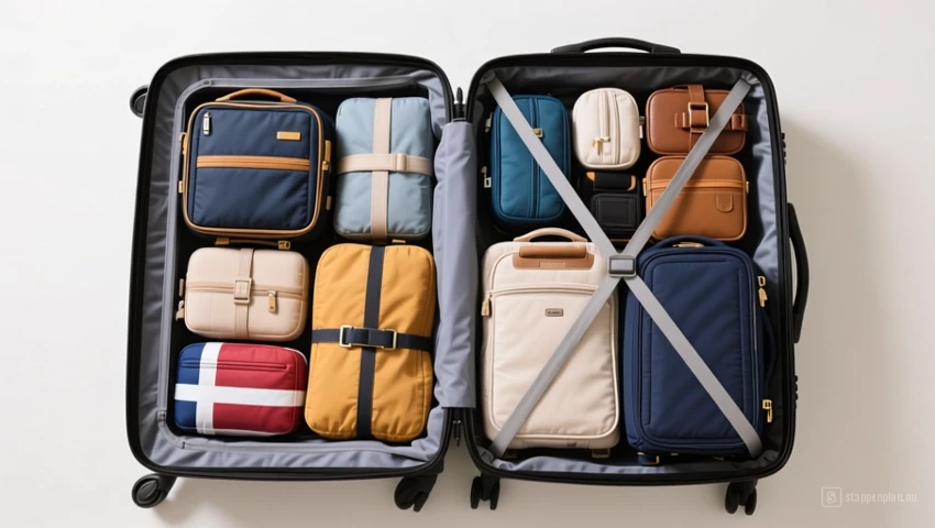 Netjes ingepakte koffer met diverse reisbenodigdheden.