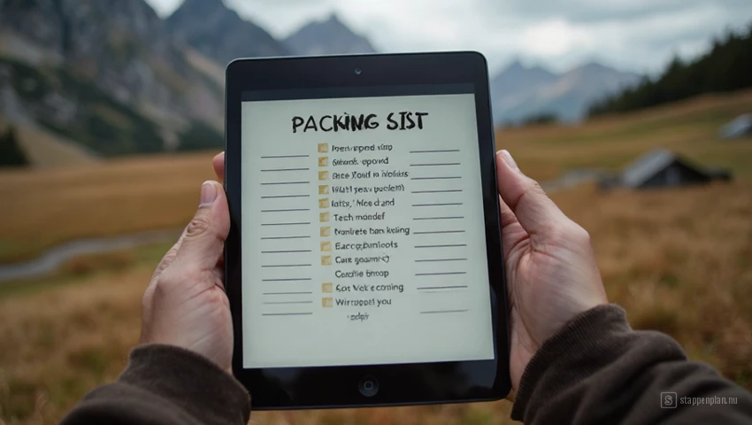 Een georganiseerde paklijst voor kamperen, weergegeven op een tablet.