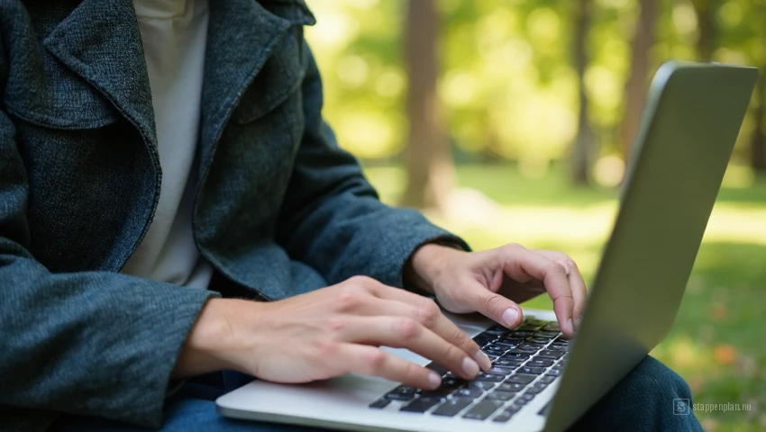 Een persoon die een laptop gebruikt om een camping online te boeken.