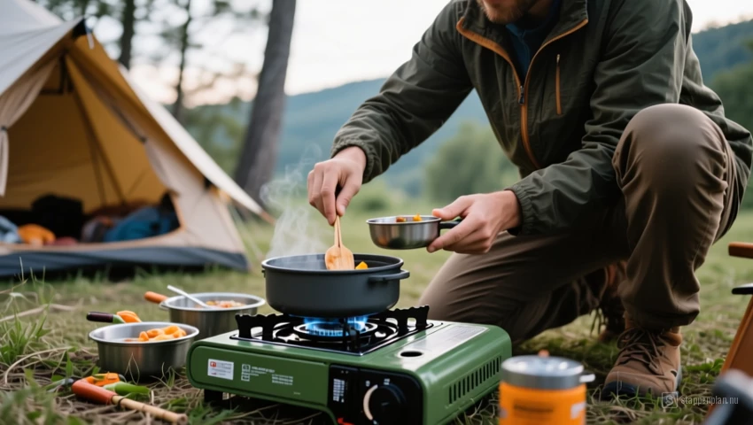 Een persoon die een campingmaaltijd bereidt met een draagbaar fornuis.