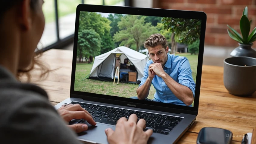 Een persoon die een kampeerroute deelt met een vriend op een laptop.