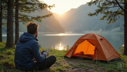 Een persoon die een bericht stuurt over hun kampeerplannen.