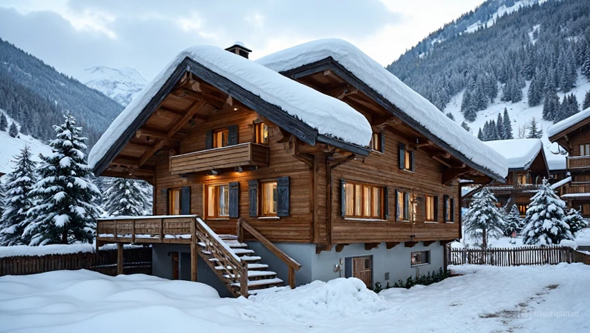 Gezellig chalet met besneeuwd dak in een bergdorp.
