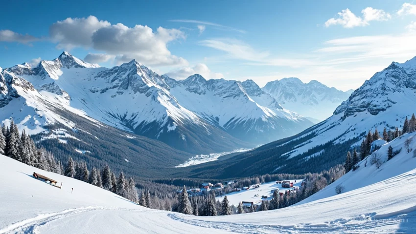 Panoramisch uitzicht op een besneeuwde bergketen met een skiresort op de voorgrond.