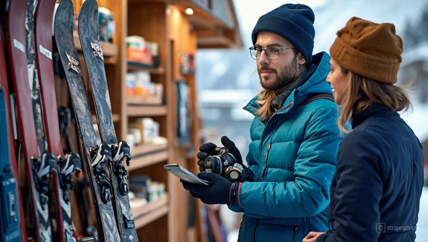 Persoon haalt vooraf gereserveerde skiuitrusting op bij een verhuurshop.