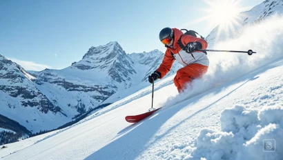 Skiër snijdt door een besneeuwde helling.