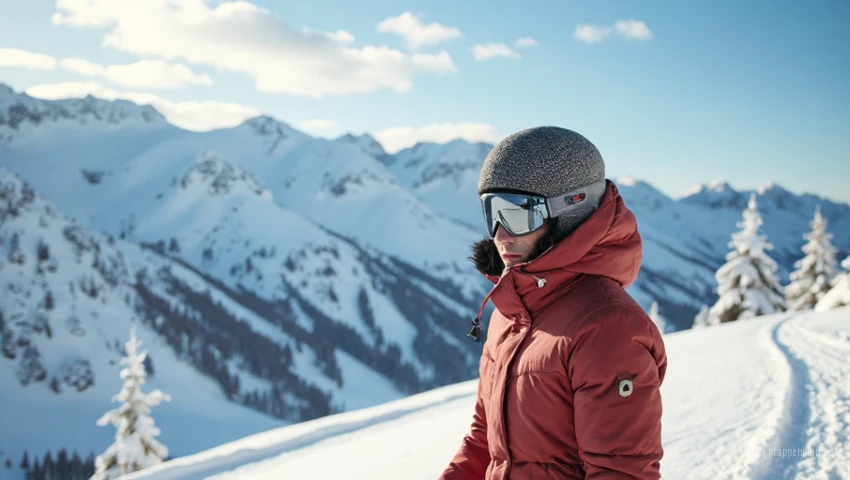 Persoon gekleed in warme skikleding op een besneeuwde helling.