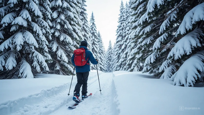 Persoon sneeuwschoenwandelt door een besneeuwd bos.