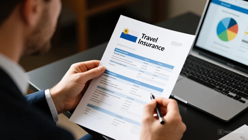 Persoon bekijkt reisverzekeringsdocumenten.