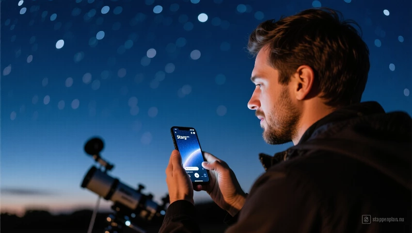 Een persoon die een sterrenkijk-app op zijn smartphone gebruikt terwijl hij naar de nachthemel kijkt.