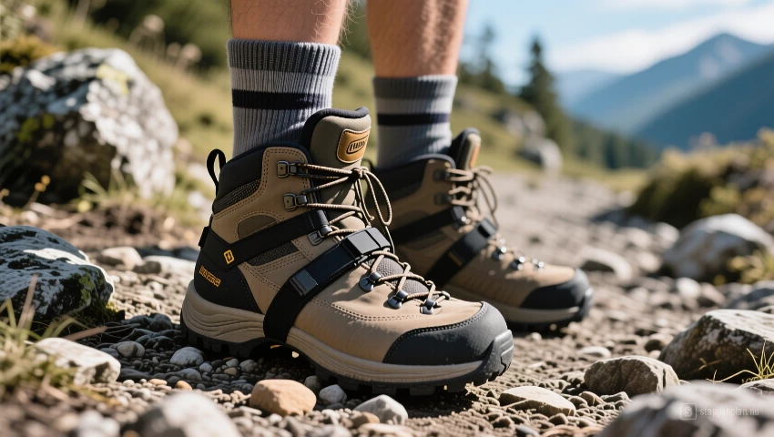 Close-up van stevige wandelschoenen met sokken en gaiters, rustend op een rotsachtig pad.