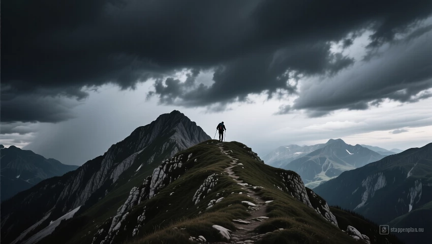 Donkere stormwolken die zich verzamelen boven een bergtop, met een eenzame wandelaar die afdaalt.