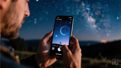 Iemand die een app op zijn smartphone gebruikt om sterrenfotografie te plannen.
