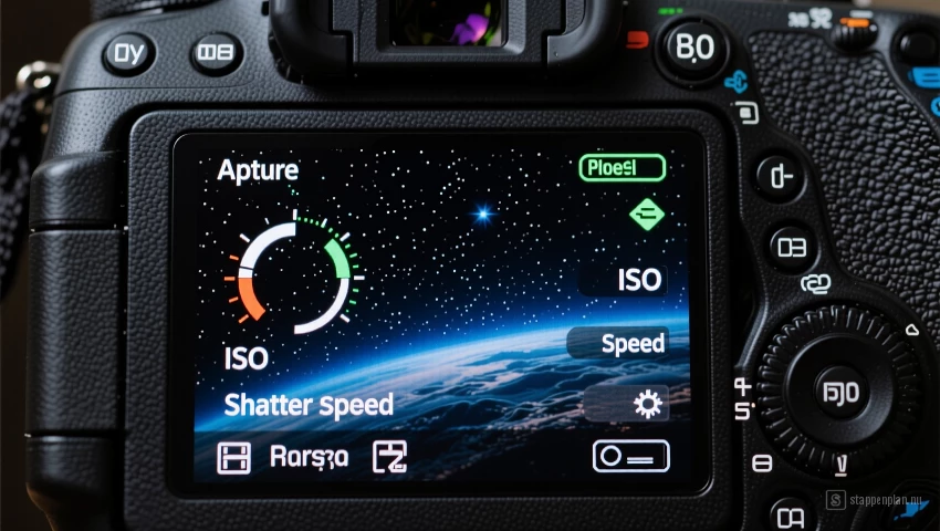 Een camera-display met instellingen voor astrofotografie, inclusief diafragma, ISO en sluitertijd.