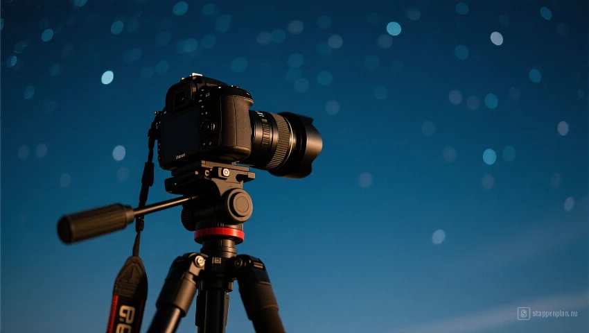 Een DSLR-camera gemonteerd op een stevig statief, gericht op de nachthemel.
