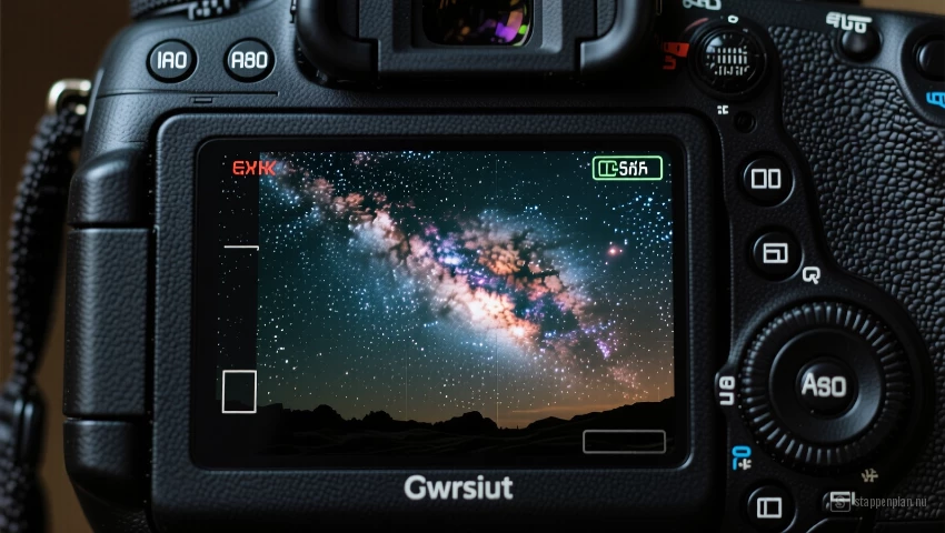 Een camera-zoeker met een scherp beeld van de Melkweg.