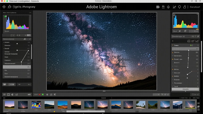 Een screenshot van Adobe Lightroom met een Melkweg-foto die wordt bewerkt.
