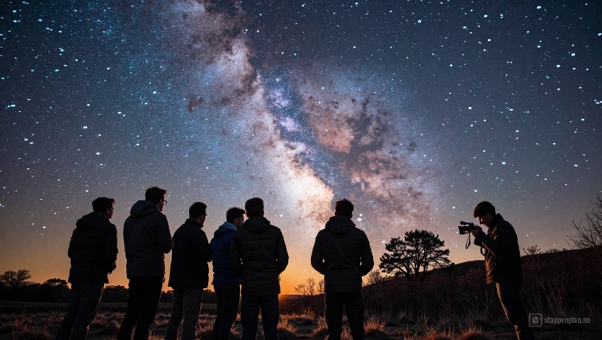 Een groep fotografen die astrofotografietechnieken bespreken op een workshop.