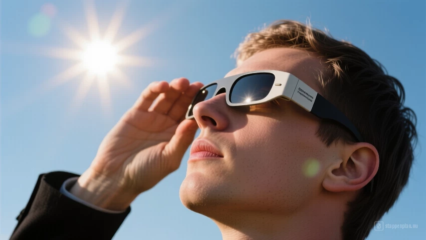 Een persoon die zonnebrillen voor een zonsverduistering draagt en naar de zon kijkt.