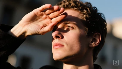 Een persoon die zijn ogen beschermt tegen de zon.