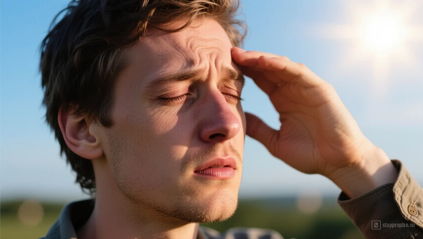 Een persoon die oogongemak ervaart tijdens het kijken naar de zon.