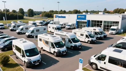 Overzicht van een camperdealer met verschillende modellen.