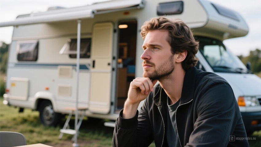 Persoon denkt diep na over de aankoop van een camper.